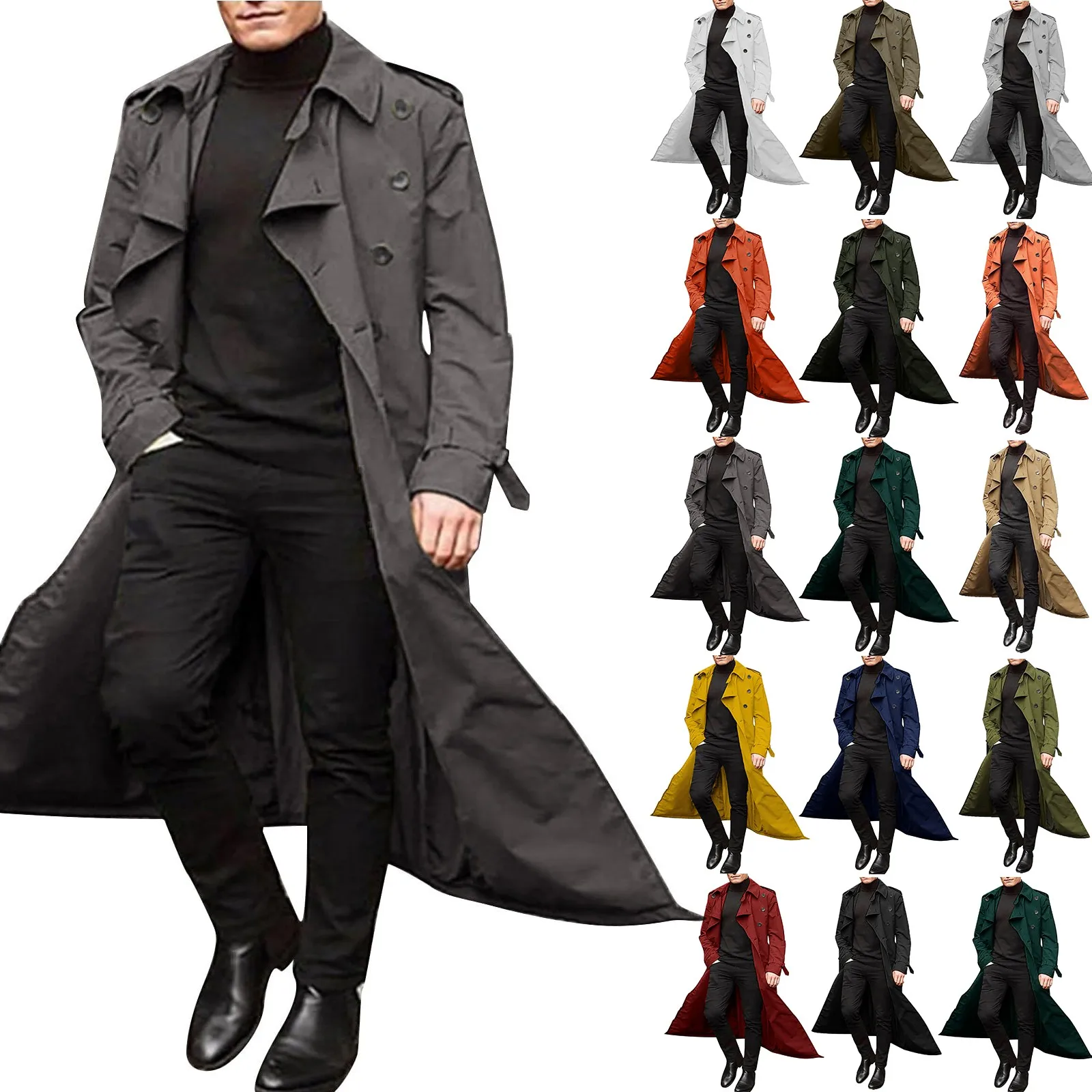 

Men's Long-Slevee Luxury Full Length Trench Streetwear Fashion Trench Coat Long Overcoat Winter Business Casual Long Thin Coat