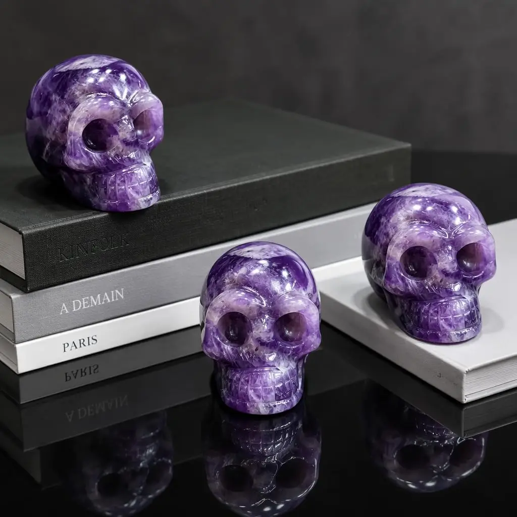 Hand Carved Natural Amethyst Quartz Crystal Skull Statue Healing Gemstone Skull for Reiki Chakra Balancing Meditation Home Decor