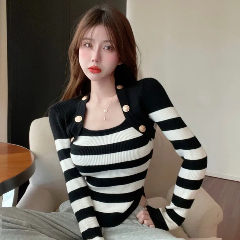 Women Clothes Spring Autumn Fashion Casual Simplicity Striped Color Blocking Ladies Appear Thin Versatile Knitting Long Sleeve T