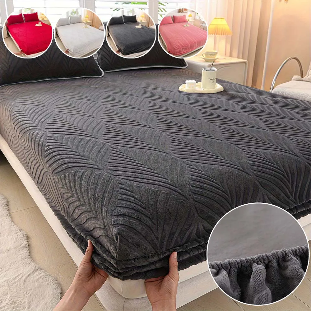 

Elastic Milk Fleece Fitted Sheet Thickened Fabric 360° Full Coverage Active Dyeing Washable Fluffy Bed Cover for Queen King Bed