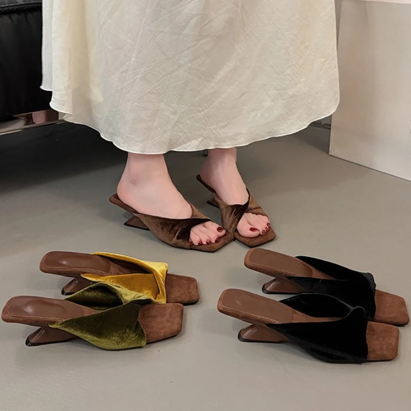 Women's Square Open Toe Vintage Comfortable High Heel Slippers Women Vintage Casual Color Blocking Fashion Sandals Summer New