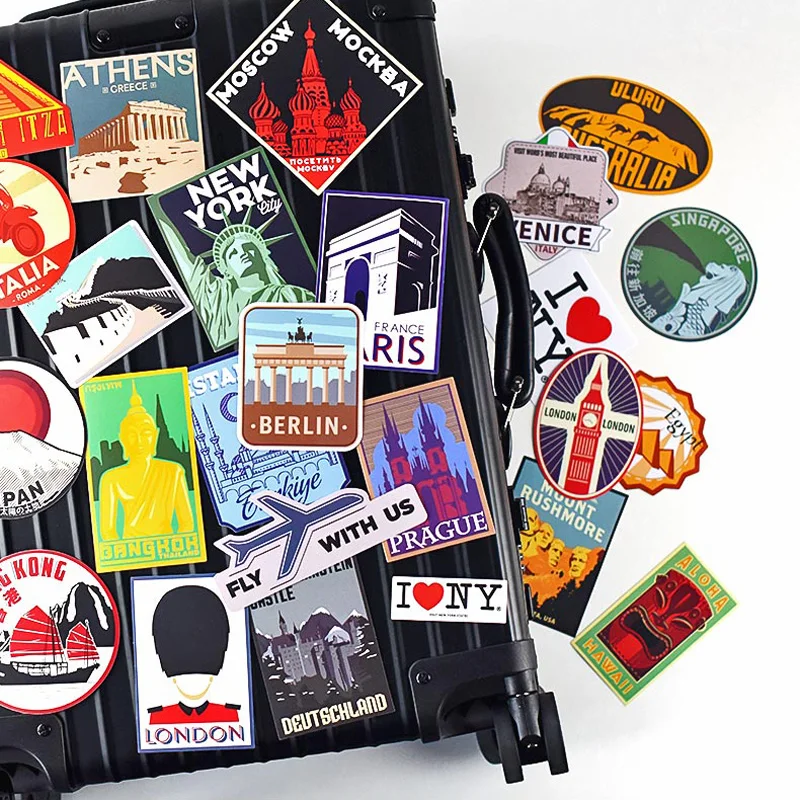 24 Pcs/Set Stickers for Luggage Retro Travel Decals Cities Pegatinas  Waterproof Vinyl for Laptop Car Skateboard Fridge