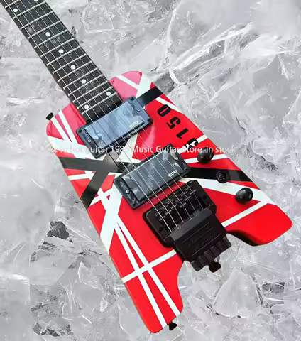 In stock Eddie Edward Van Halen red white black striped headless electric guitar, wholesale and retail