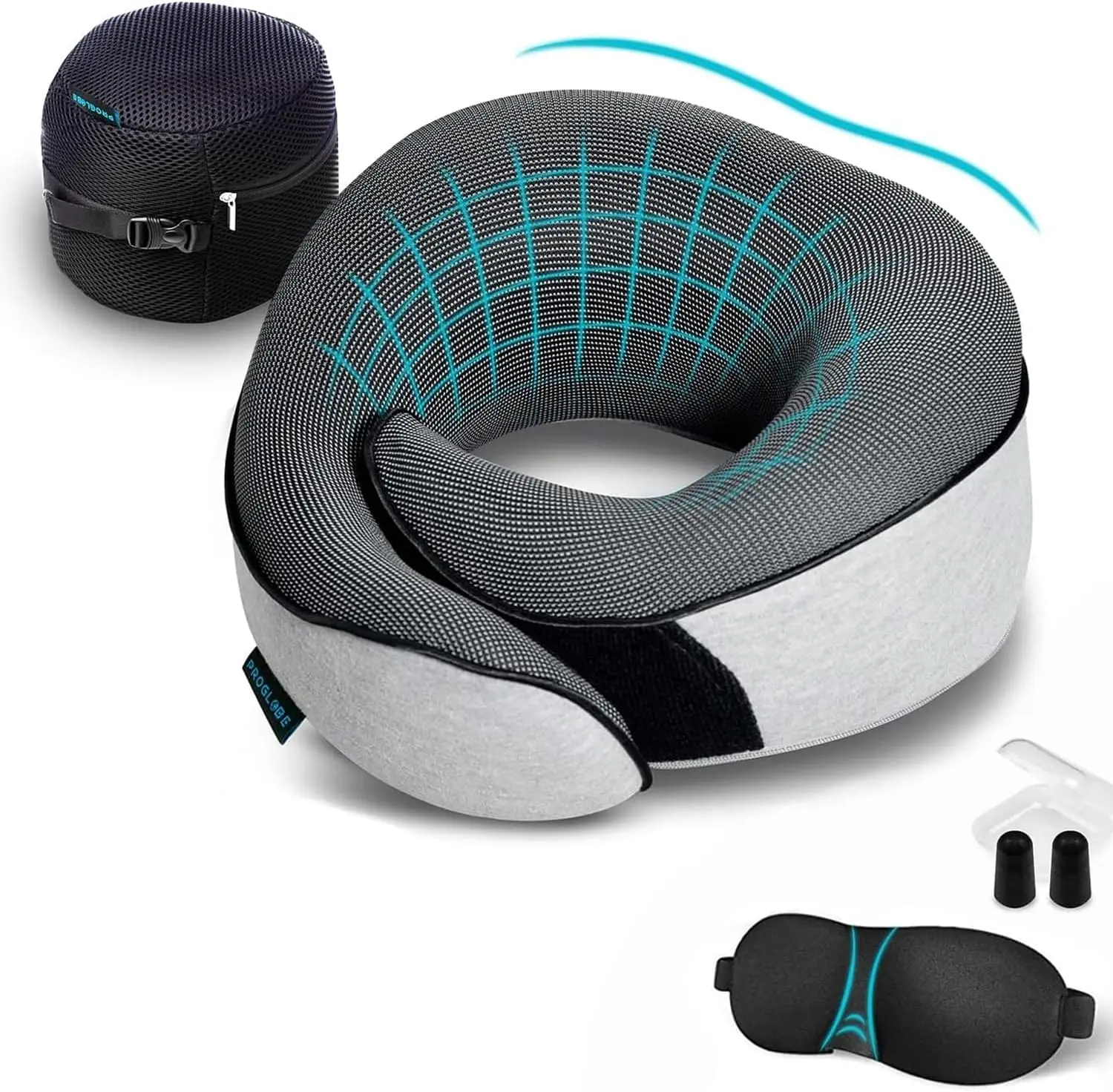 

Travel Neck Pillow for Airplanes, 360° Head Support with Eye Mask, Earplugs & Mesh Bag - Adult Grey