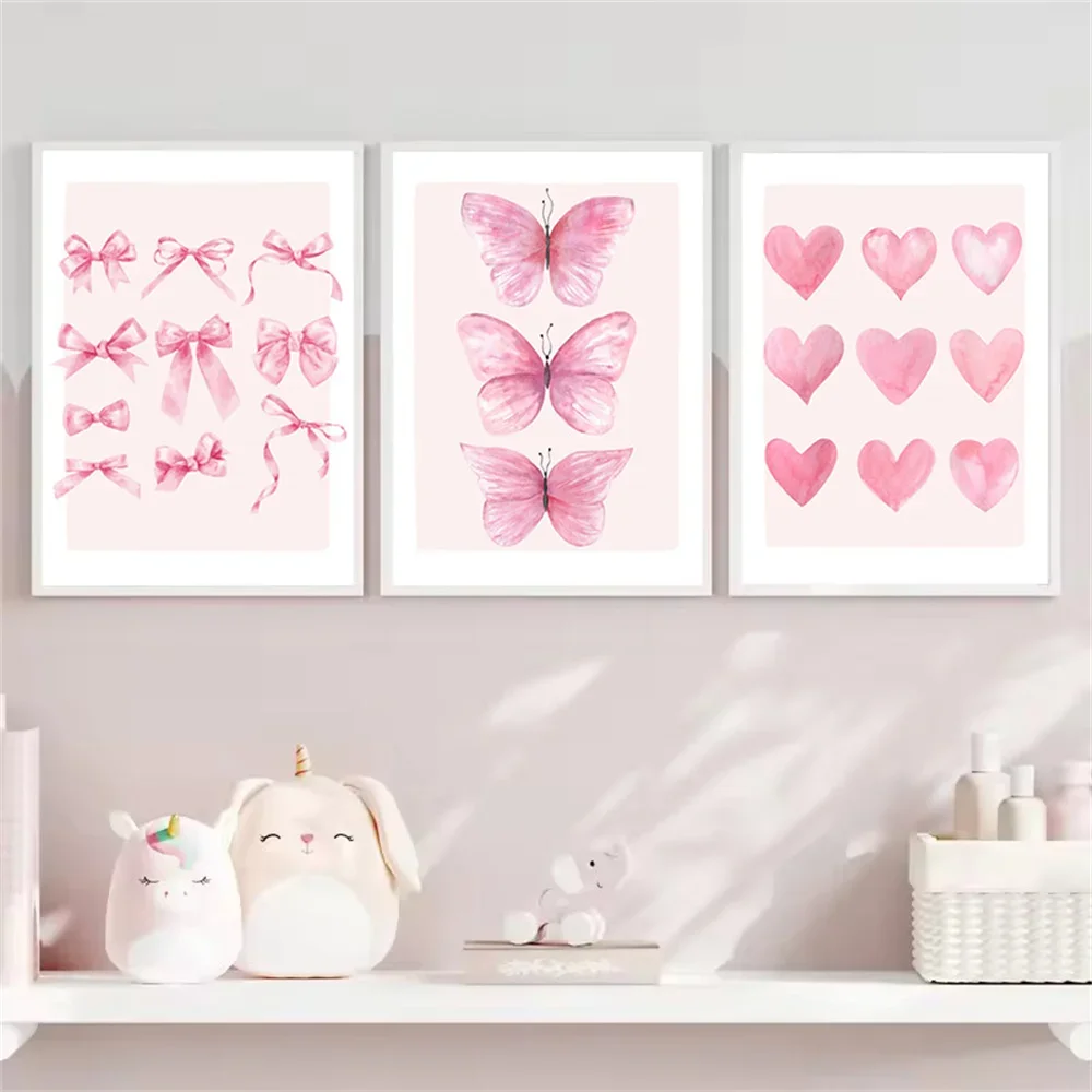 

Trendy Pink Bows Heart Butterfly Wall Art Canvas Painting Nordic Posters and Prints Pictures College Apartment Girls Room Decor