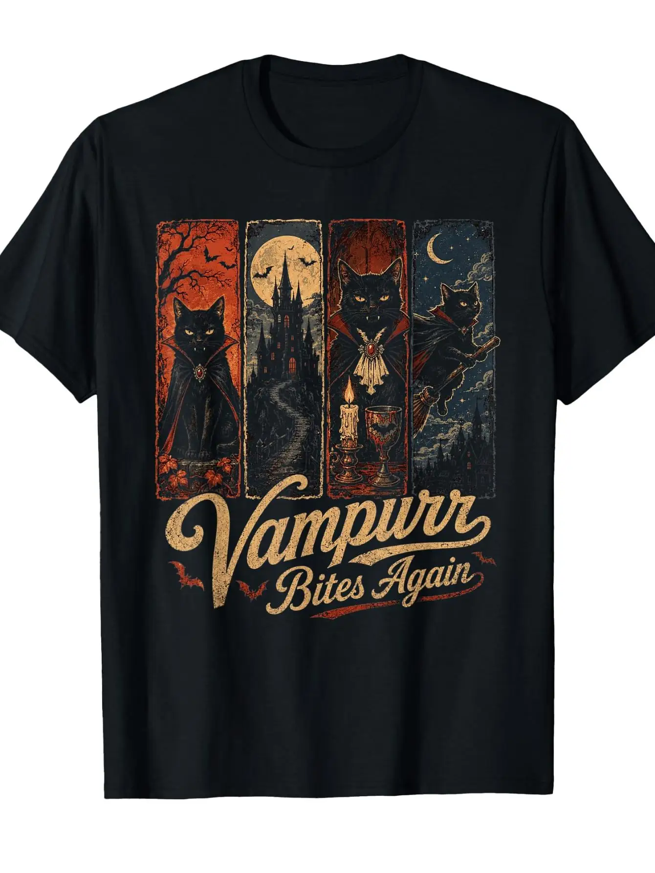 Vampire Bites Again Love Fun Cat Halloween Retro Pattern T-Shirt  All-Season Black Casual Crew Neck T Shirt