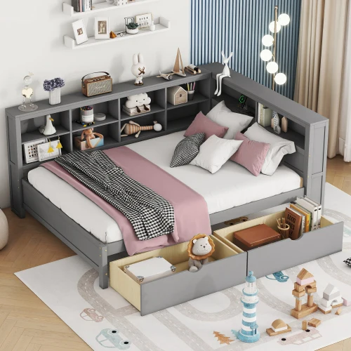Modern Wooden Full Size DayBed with 2 Drawers, DayBed with Storage Shelf and USB Charging Ports,Greypromote sales