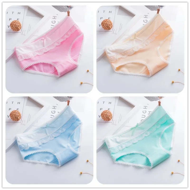 4PC Briefs Panties Underwear Short Solid Color Bow Adolescente Hipster Teen Puberty Lace Training 8-14Y