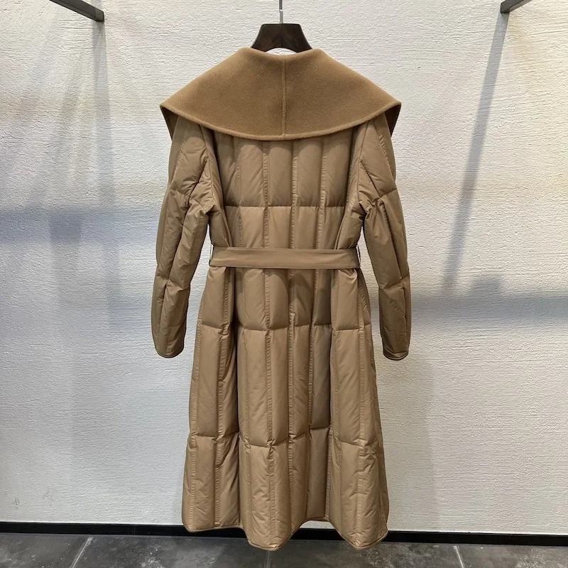 リバーシブル カシミヤ混 ホワイトグースダウンコート レディース ドローストリング付き