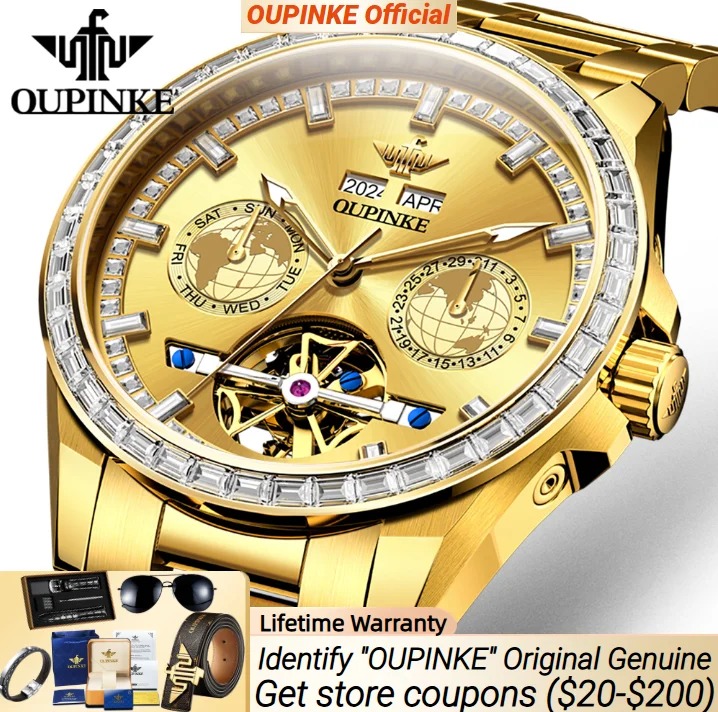 

OUPINKE 3280 Mechanical Watch for Men Luxury Full Diamond Flywheel Skeleton Gold Stainless steel Date Automatic Men's Watch