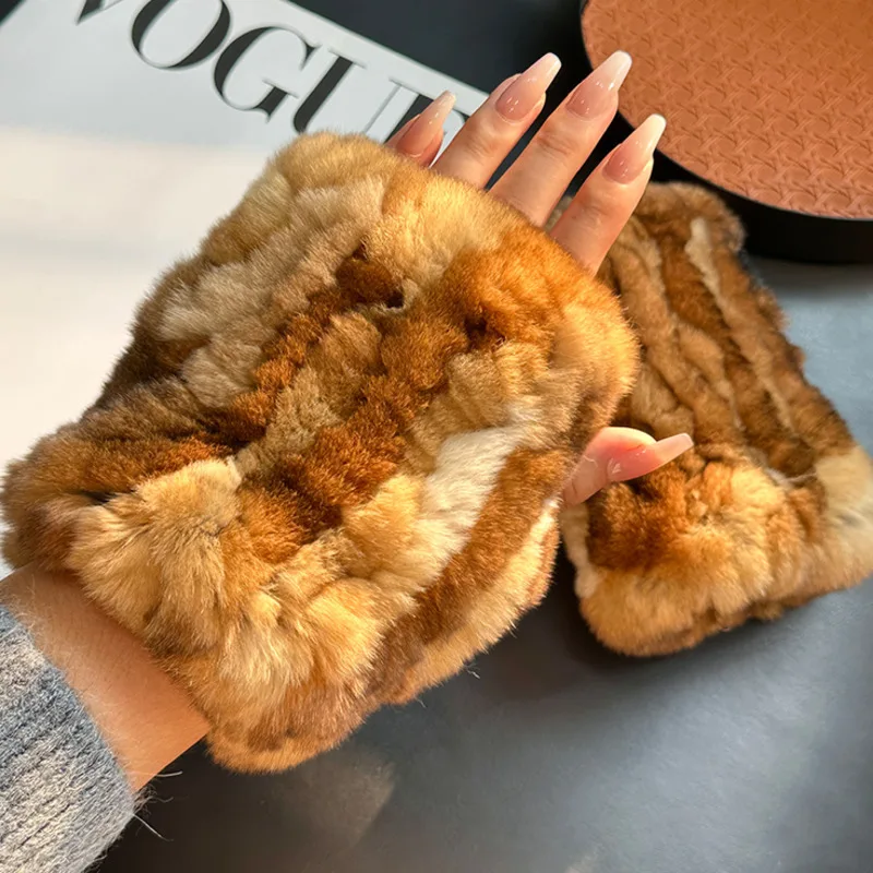 Real Rex Rabbit Fur Gloves Warm Thickened Half-Finger Gloves For Women Winter Fingerless Knitted Wrist Fluffy Elastic Fur Gloves