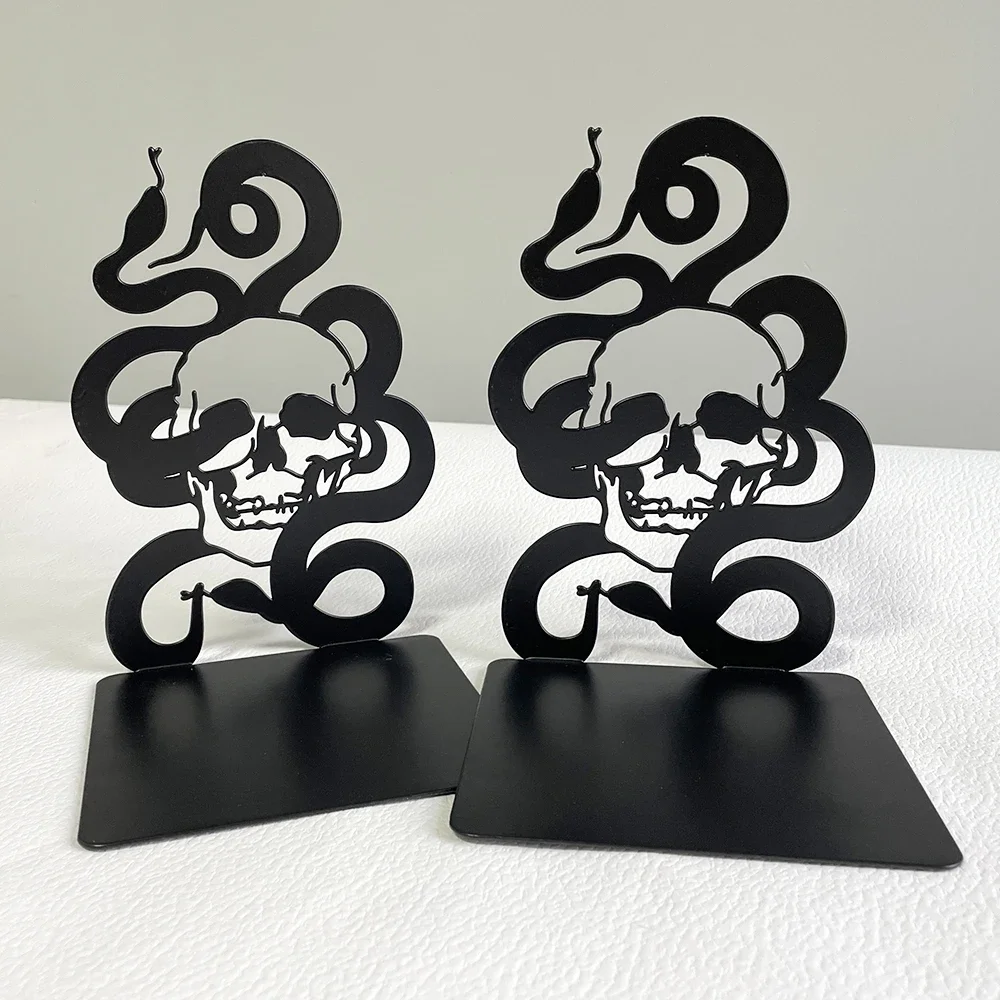2Pcs/1Set Punk Skull Skeleton Snake Bookends Hollow Metal Desktop Retractable Book Holder Decoration Book Rests Book Support