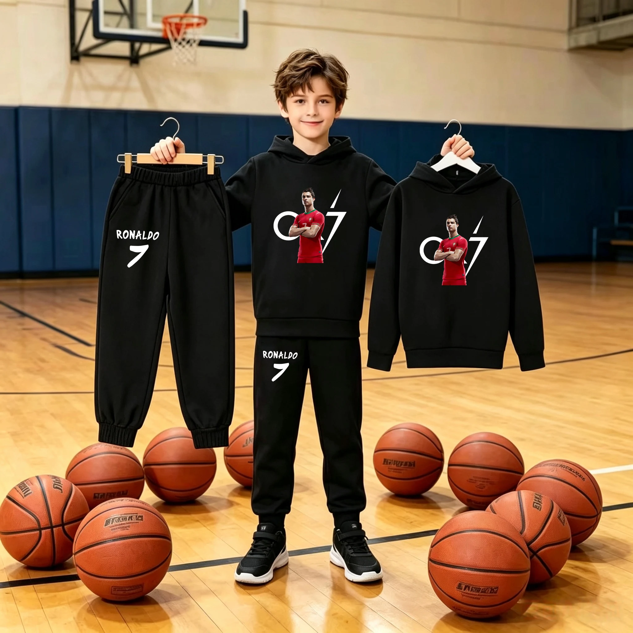Kids Autumn Fashion Hoodie Boy Girl Toddler Pullover 3-12 Yrs Football Letters CR7 Clothing Casual Top+Pants 2P Brand Sports Set