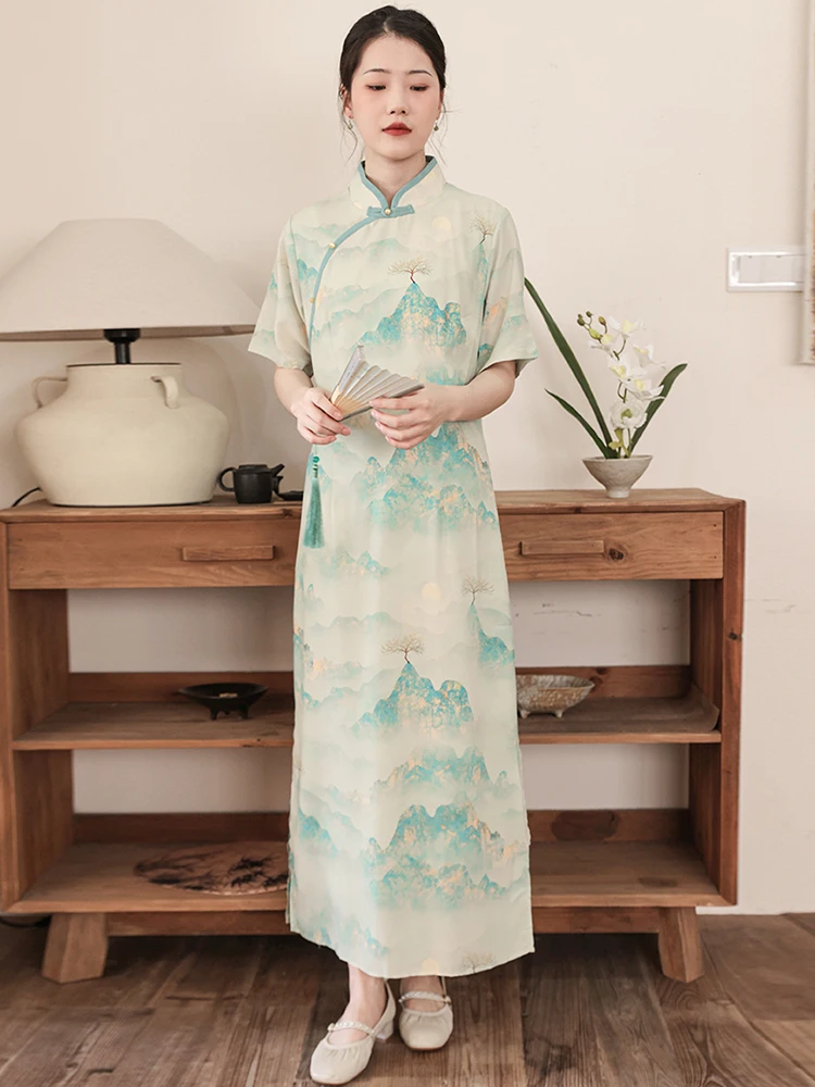 

Thousand-Li Landscape Cheongsam Improved Tea Clothes for Women Zen Artistic Chinese Style Painting Dress Summer Art Clothing