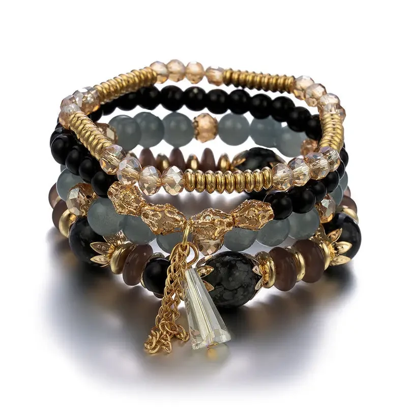 Juego de 4 pulseras con cuentas y borlas para mujer, cadena de cuentas de cristal coloridas, joyería bohemia para mujer