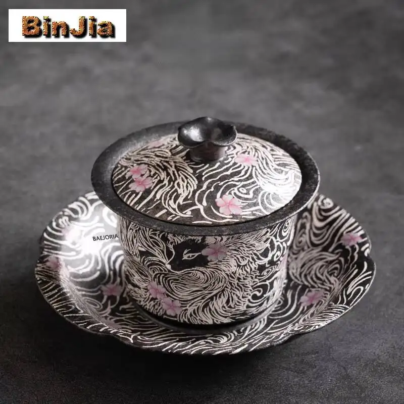 150ml Gilt Silver Nine-tailed Fox Gaiwan Vintage Tea Tureen Tea Bowl with Lid Kit Tea Brewing Cover Bowl Chinese Tea Set Gifts