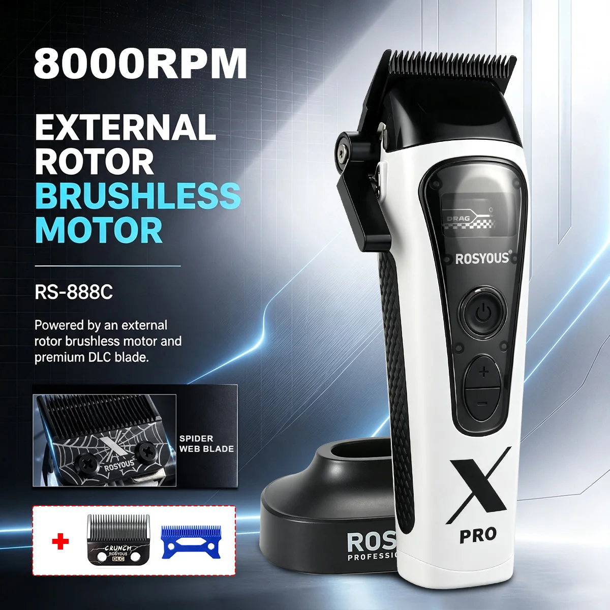 ROSYOUS 888C Professional Electric Hair Clipper DLC Blade 8000RPM External Rotor Brushless Motor with Dock Men's Haircut Machine