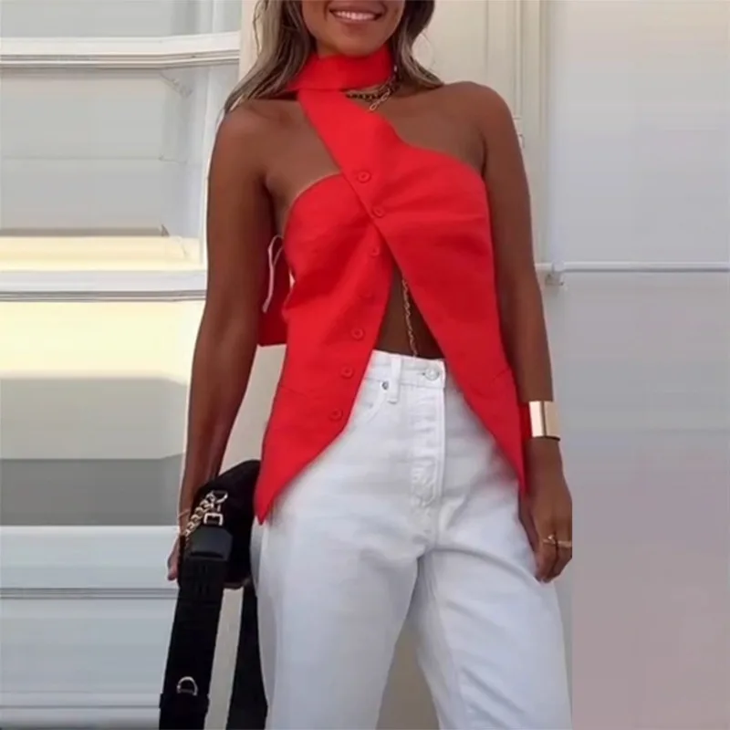 

Sexy Hanging Neck Sleeveless with Exposed Belly Button Red Top Summer Ladies Elegant Off Shoulder Irregular Buttons Women's TOP