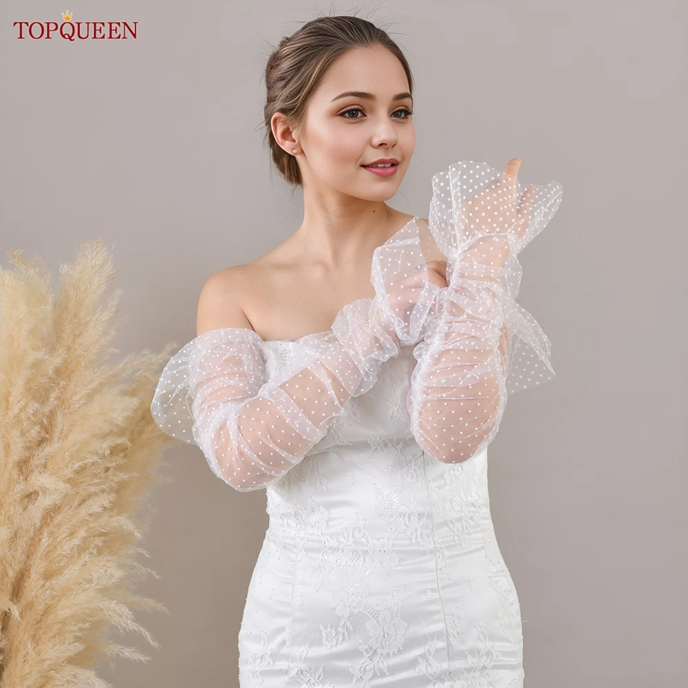 TOPQUEEN Wedding Gloves Polka Dot Lotus Leaf Sleeves Bridal Gloves Elbow Length Off-White High Quality Light And Soft Tulle T23