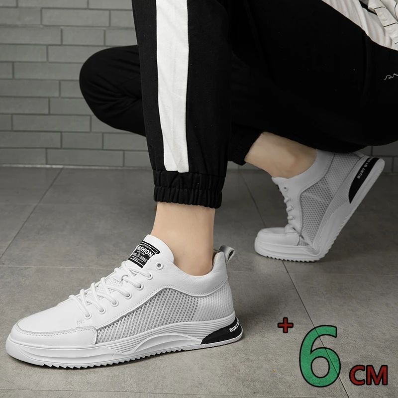 FUQIAO 6cm Cow Leather Elevator Shoes for Men Spring Summer Hollow Height Increasing Shoes Breathable Casual Lift Sport Sneakers