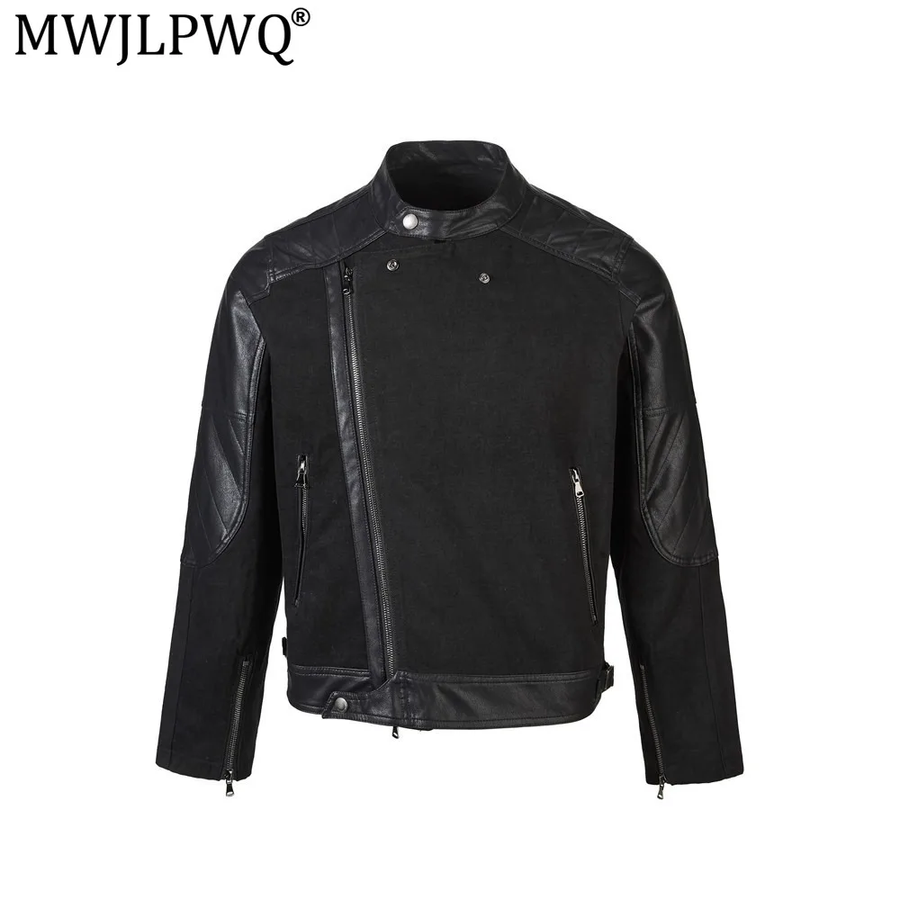 MWJLPWQ Men's Short Motorcycle Racing Jacket PU Leather For Spring Autumn Diagonal Zipper Design Stylish Casual Tops 17583