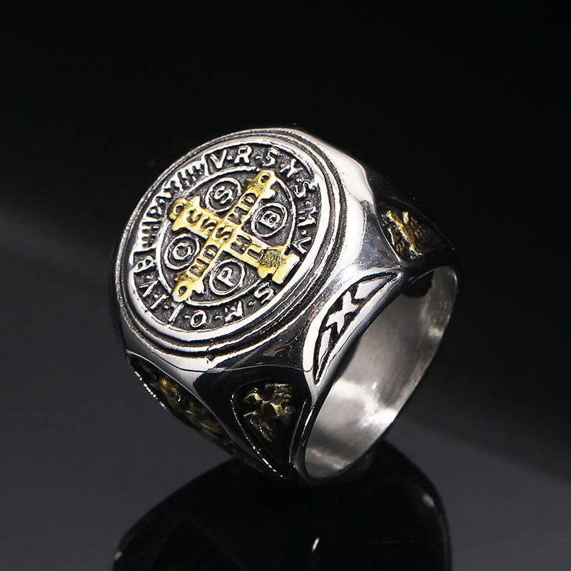 Vintage Exorcism Saint Benedict Cspb Cross Ring for Men Punk Amulet Christianity Rings Stainless Steel Jewelry Gift Wholesale