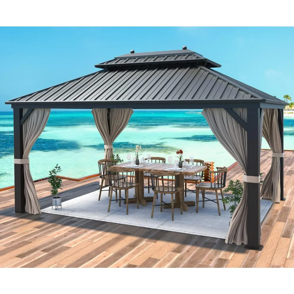 

Hardtop Gazebo, Galvanized Steel Outdoor Gazebo Canopy Double Vented Roof Pergolas Aluminum Frame with Netting and Curtains