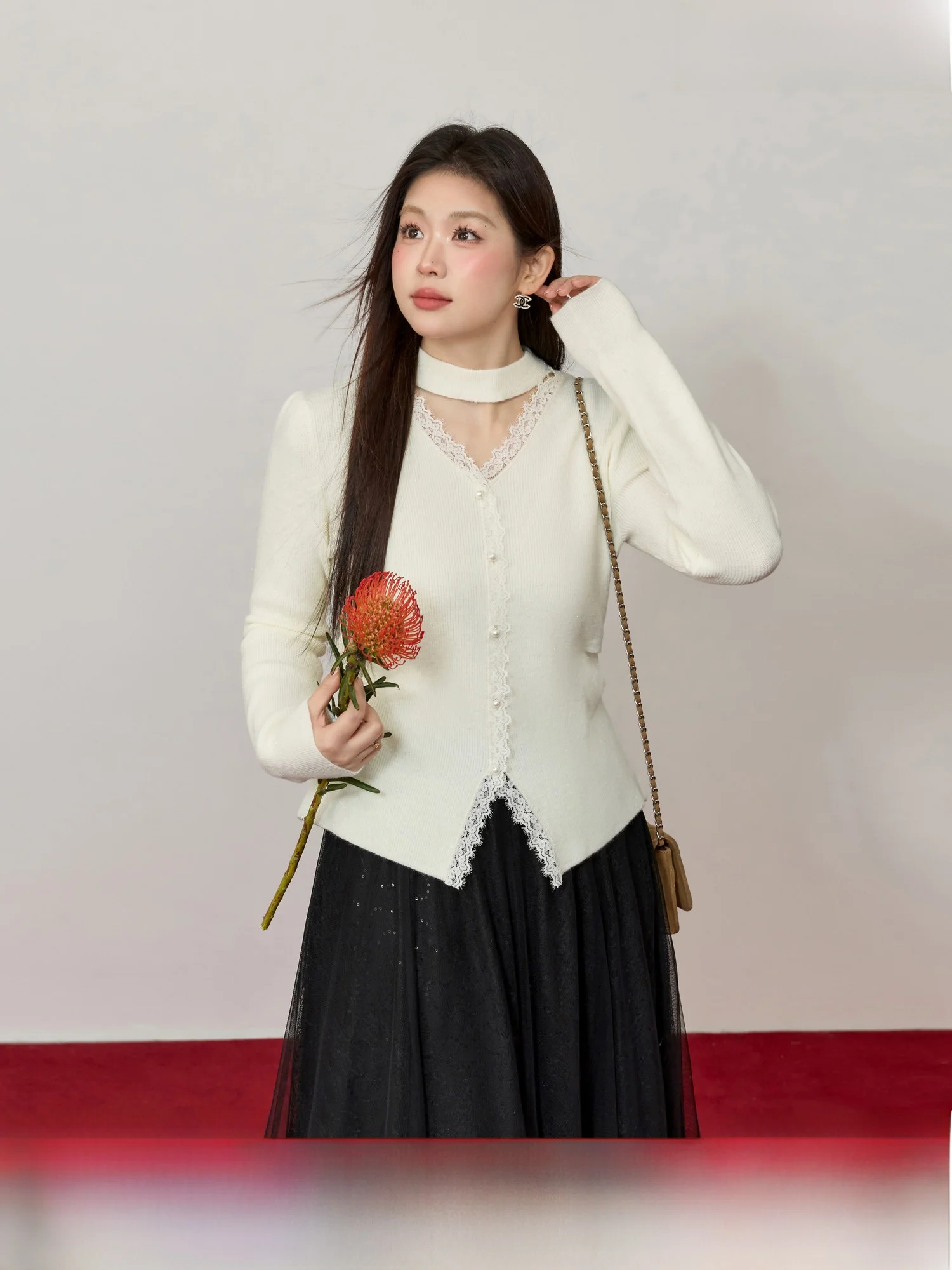 

Blue Language Large Size Lace Trim Knitted Base irt Women's V Ne Inner Wear Beautiful Sweater Winter New Sle Gentle Sle