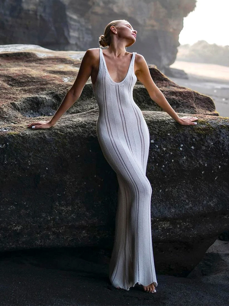 Sexy See Through Swimsuit Cover Up 2024 Women Hollow Out Backless Sleeveless Halter Long Beach Dress Club Bodycon Dresses A2973