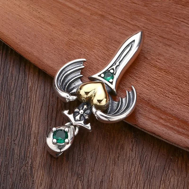 925 فضة الملاك السيف الجناح القلب قلادة قلادة الرجال العتيقة إنهاء الدينية مجوهرات للجنسين