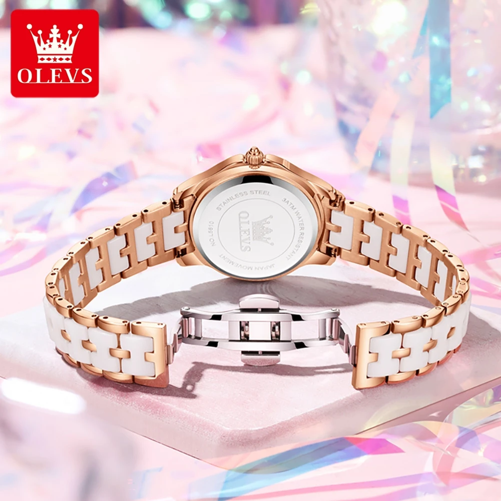 OLEVS-Montre à Quartz Étanche pour Femme, Marque, Papillon, Diamants, Bracelet Céramique, Shoous, Calendrier, Dames, Montre-Bracelet Décontractée, 5610