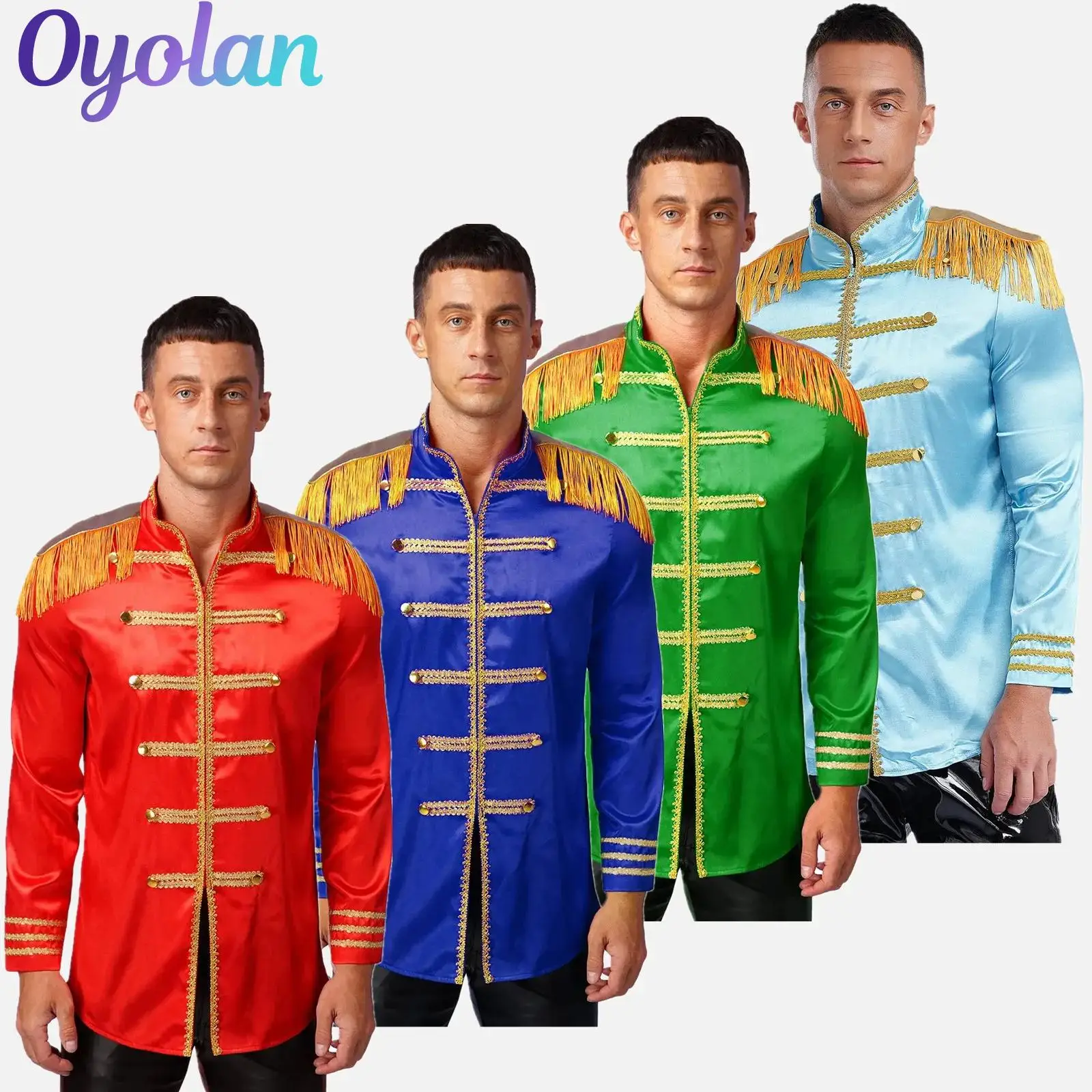 

Mens Circus Ringmaster Cosplay Costumes Satin Xmas Hippie Jackets Hippy Medieval Marching Band 1960s SGT Sergeant Long Outerwear