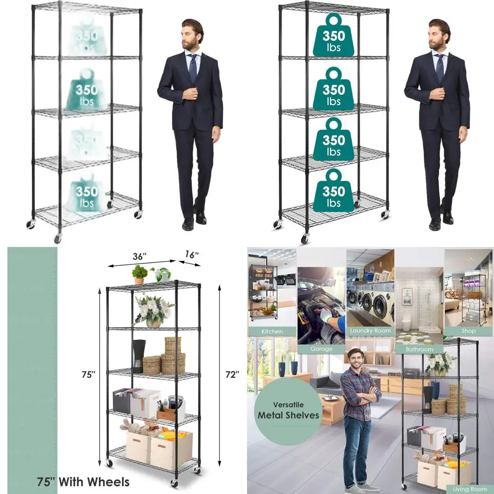 

5-Shelf Heavy-Duty Metal Storage Rack with Casters, Adjustable Wire Shelving for Home, Office, Garage, Kitchen, and Bathroom Org