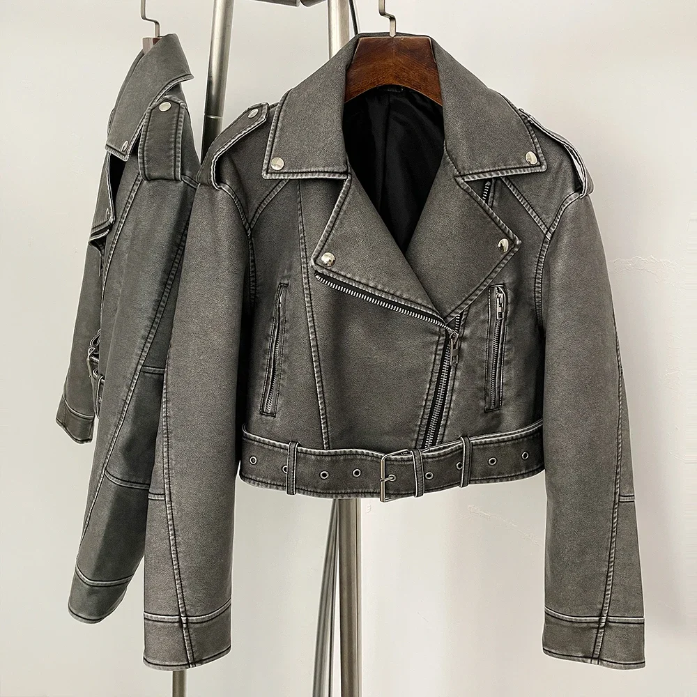 Damska kurtka ze sztucznej skóry, jesienna krótka bluzka, odzież z długim rękawem, płaszcz ze sztucznej skóry, ekologiczna wiosenna kurtka PU damska z kieszeniami