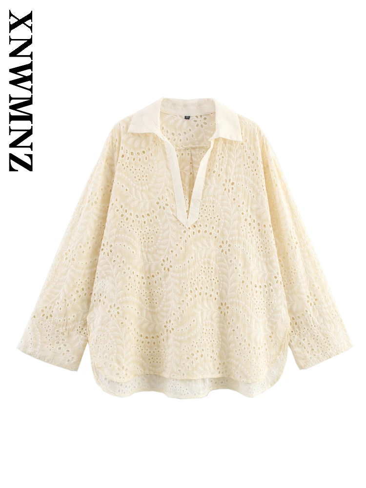 

XNWMNZ 2025 весенний новый продукт, женская повседневная модная рубашка с v-образным воротником, простой шикарный женский топ цвета хаки с длинными рукавами и вырезами