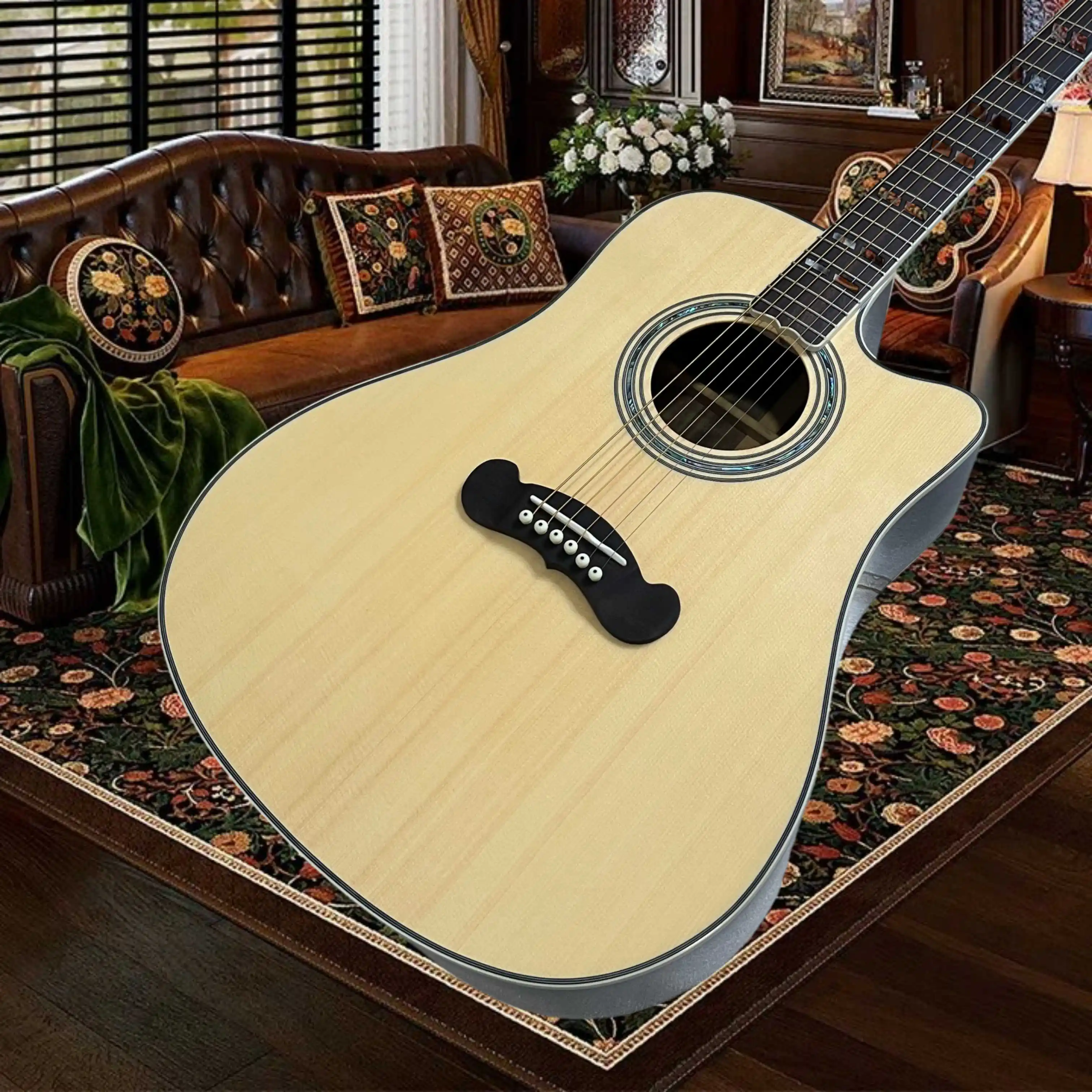 Song Natural Folk Guitar Cutaway Design Spruce Body Rosewood Back Sides Black Inlays Suitable Beginner to Intermediate Players