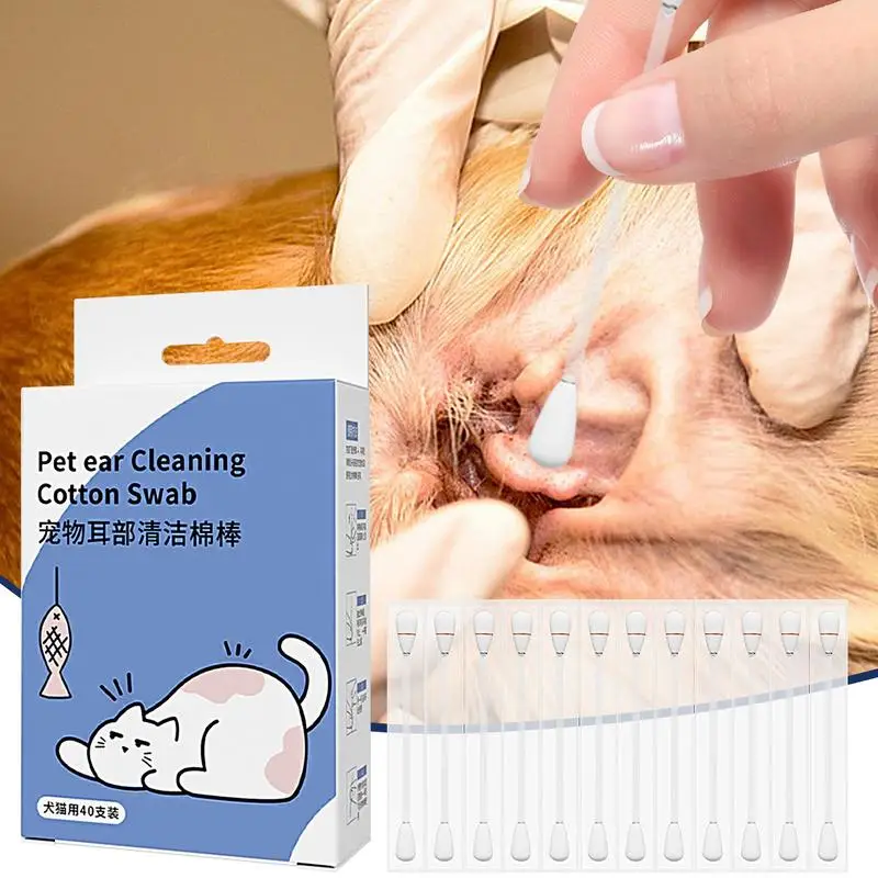 Pet Ear Cleaning Swabs Liquid Cotton Swabs Dog Ear Cleaner 40Pcs Effective Cat Swabs Cotton Sticks Pet Cleaning Ear Bud For Pet