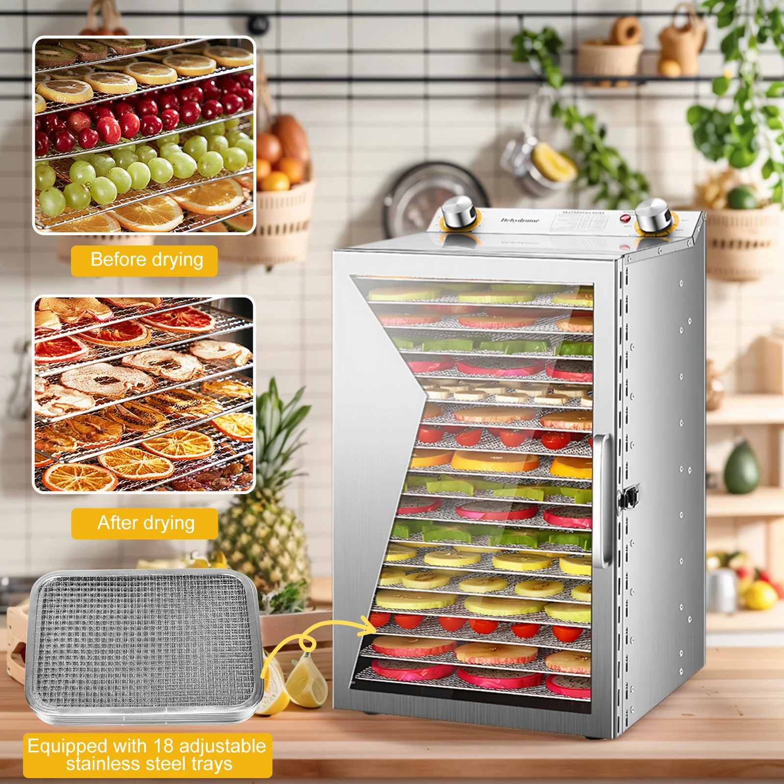Deshidratador de alimentos de 18 capas, secador de carne seca de acero inoxidable, máquina de frutas secas para carne, fruta, setas, carne de res, comida para mascotas