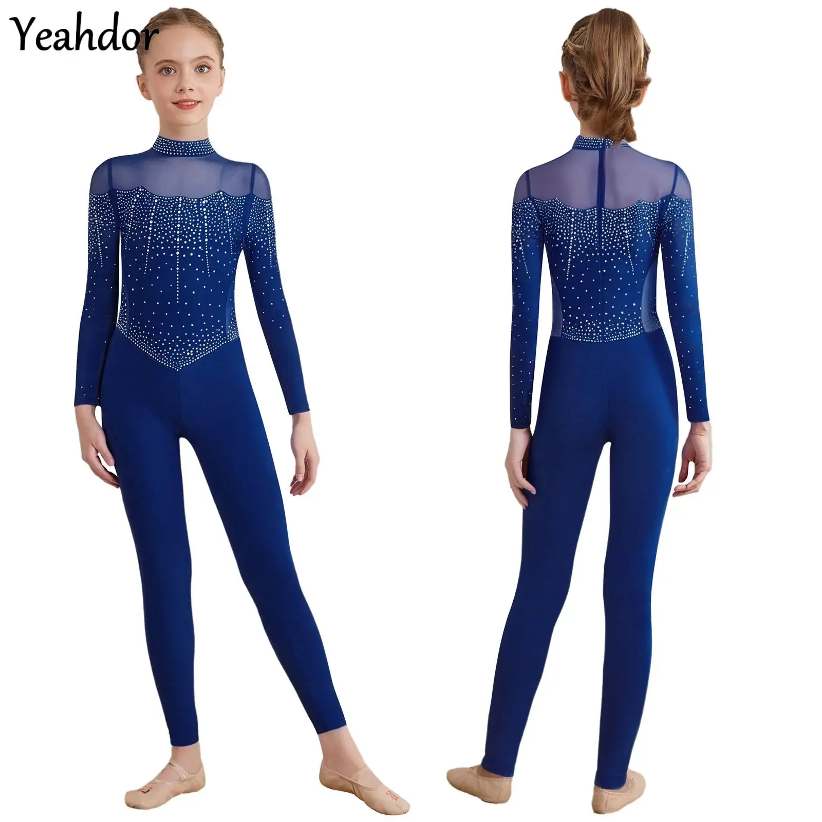 

Kids Girls Shiny Rhinestones Full Body Leotard Long Sleeve Sheer Mesh Ballet Gymnastics Figure Skating Dance Jumpsuit Unitard