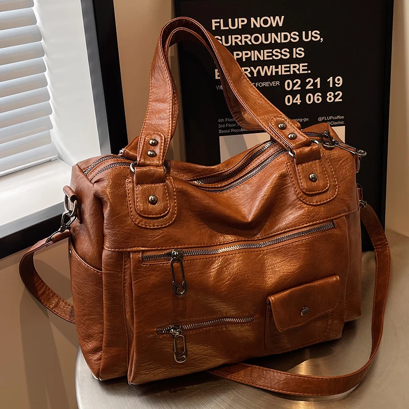 

2025 New Multi-zipper Motorcycle Retro Tote Bag, Business Travel Bag, Large Capacity, Versatile Hand Bag, Shoulder Crossbody Bag