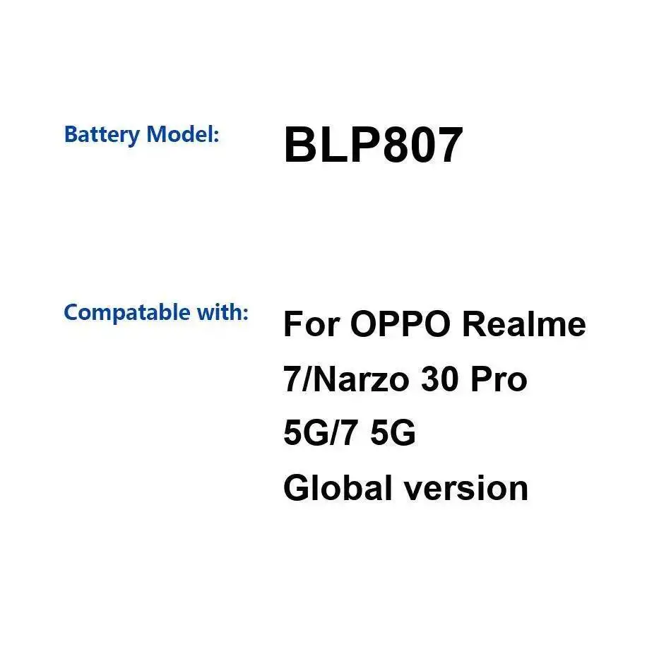 

Аккумулятор мобильного телефона BLP807 5000 мАч для Oppo Realme 7 Narzo 30 Pro 5G, глобальная версия
