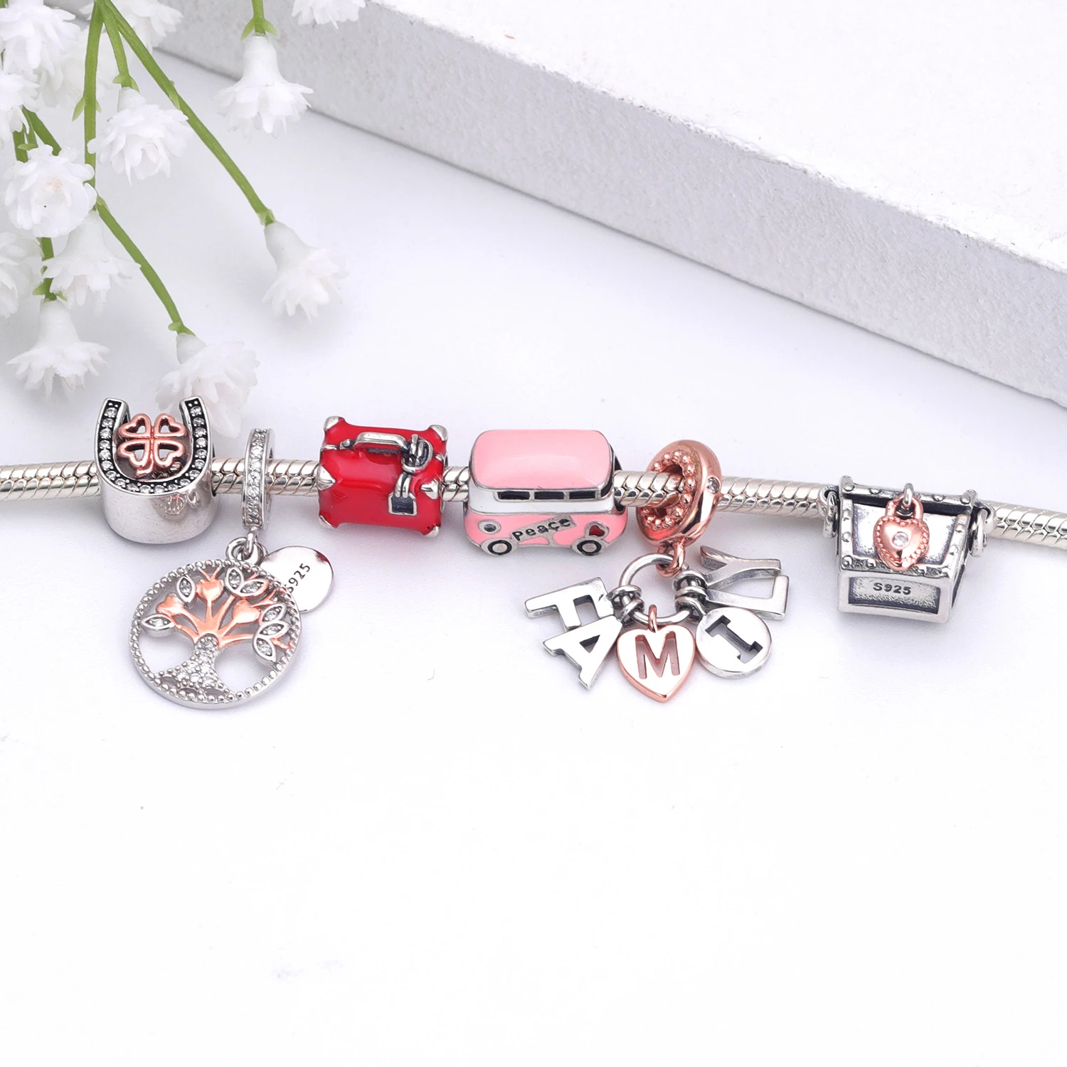 Neue original Sterling Silber Perle Rose Klee Hufeisen Charm Fit Pfanne Marke Armband Halskette DIY Frauen Schmuck