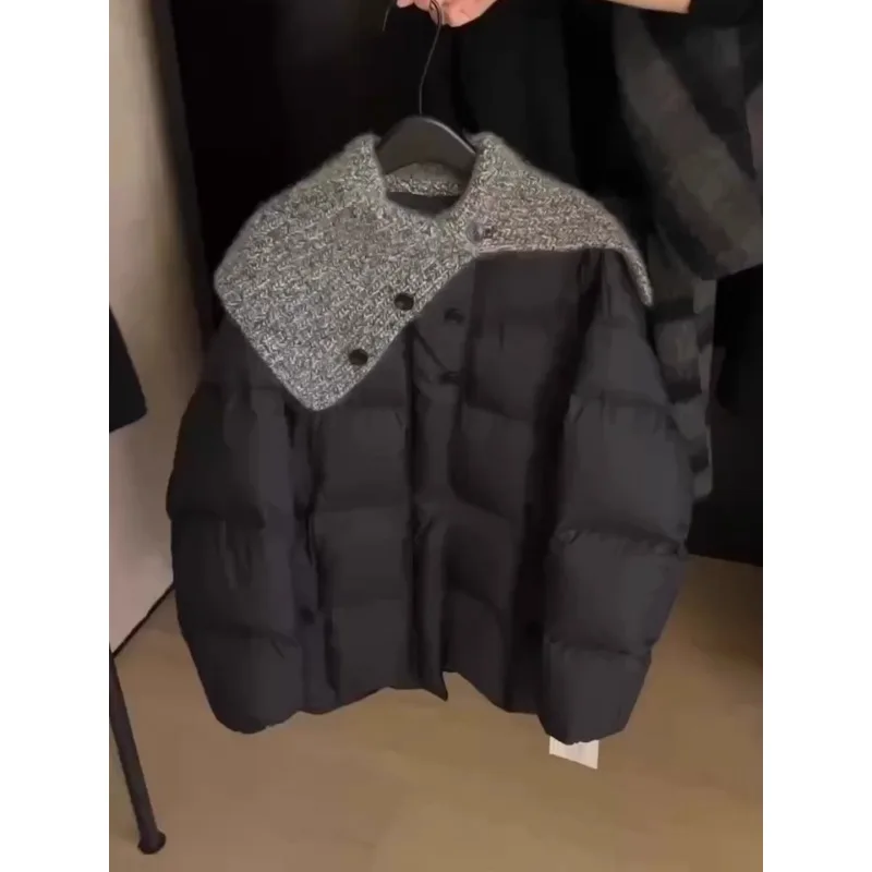 Korean High-End Knitted Collar Patchwork Cotton Jacket Women's Short Warm Outerwear 2026 New Design Trendy Cold Proof