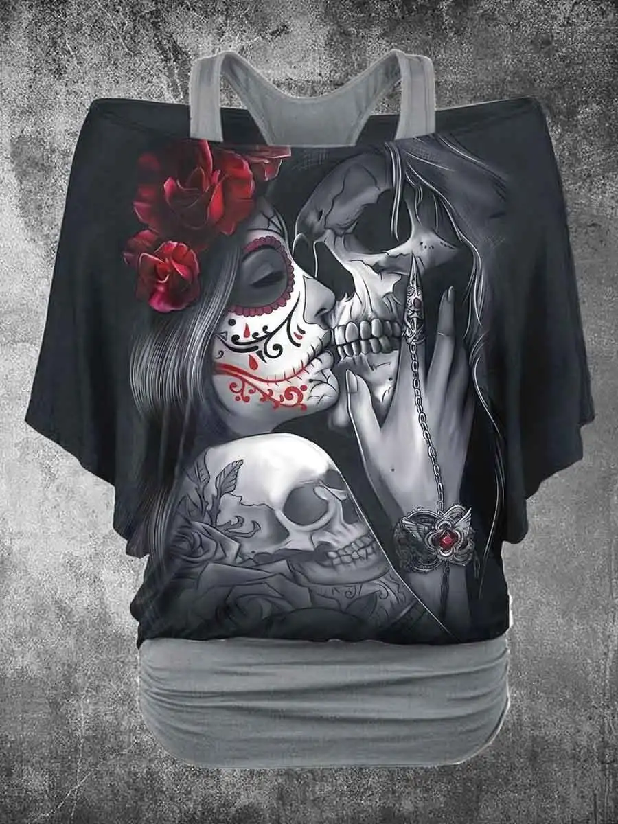 

PLstar Cosmos Women's Vintage Punk Rose Skull 3D All Over Printed Fake two piece off shoulder top Summer Casual T-Shirts JLJ-05