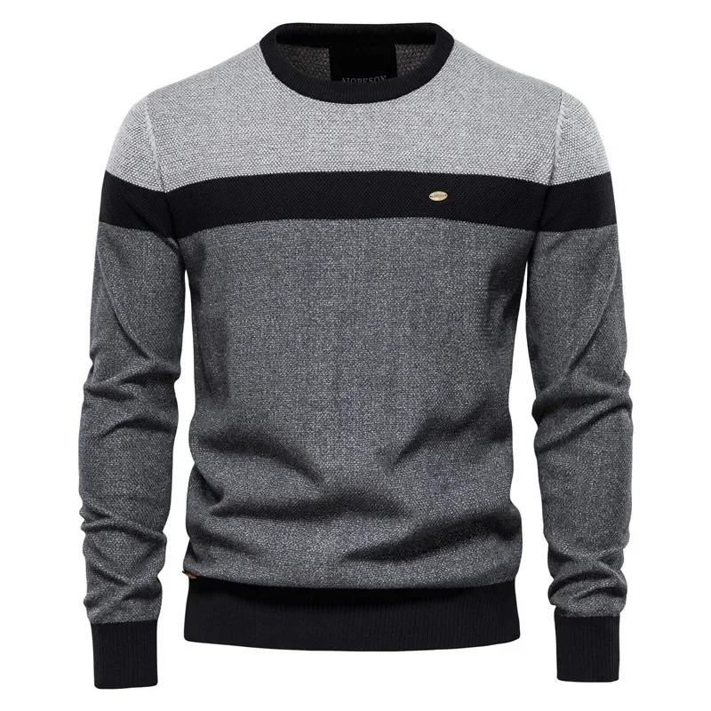 

2023 Autumn New Stripe Spliced Long Sleeve Men's Knitwear Fashion Round Neck Men's Casual Sweater