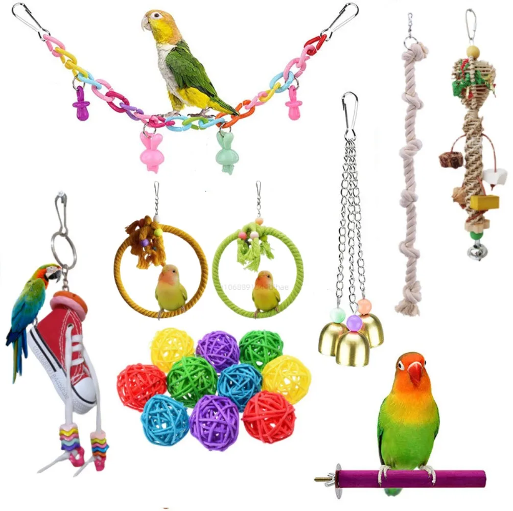 Combination Bird Toys Swing Chewing Training Toys Small Parrot Hanging Hammock Parrot Cage Bell Perch Toys Bird Cage Decorations