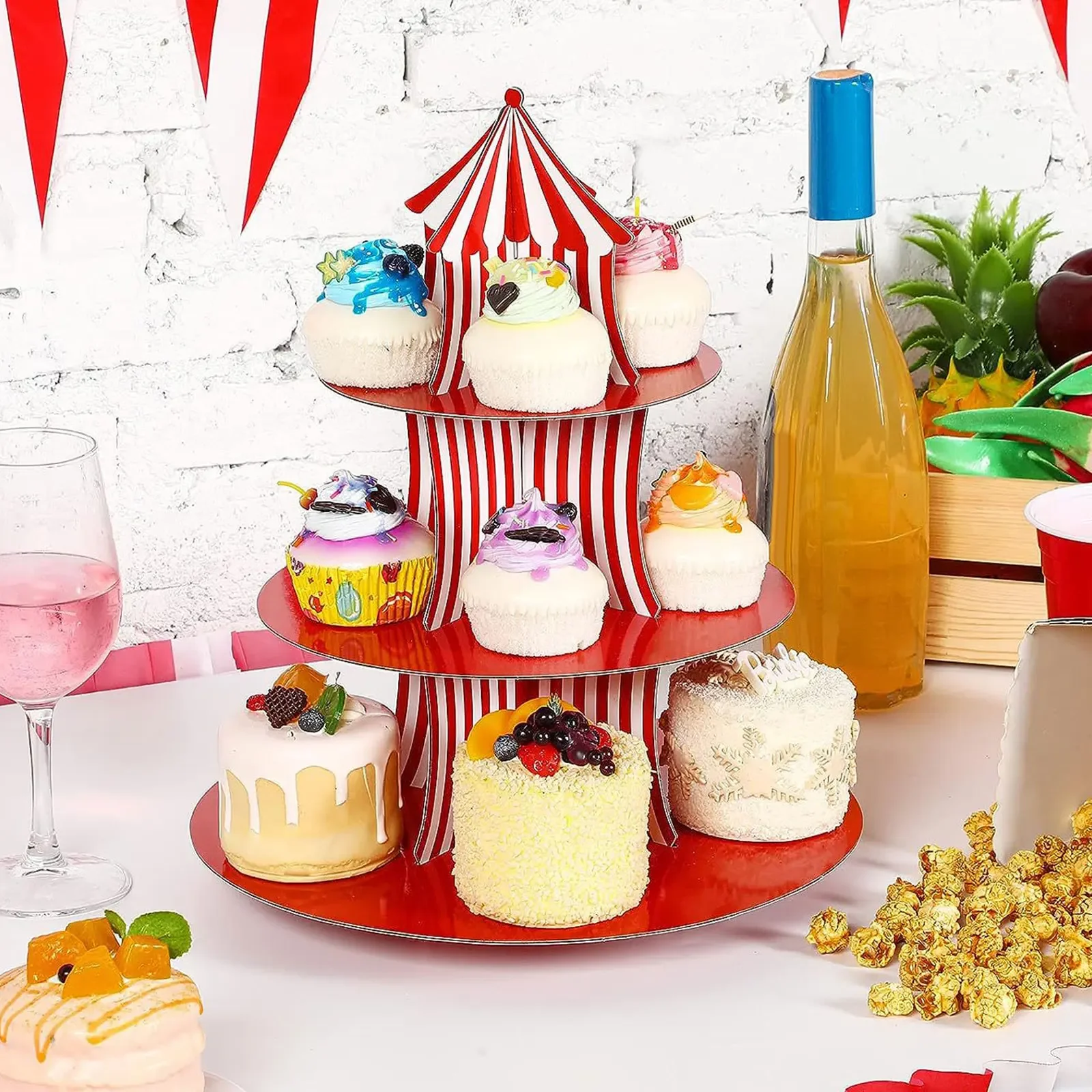 3 Tier Carnival Cupcake Stand Red Striped Cake Candy Dessert Display Restaurant Kitchens Holiday Party Supplies Festival Decor