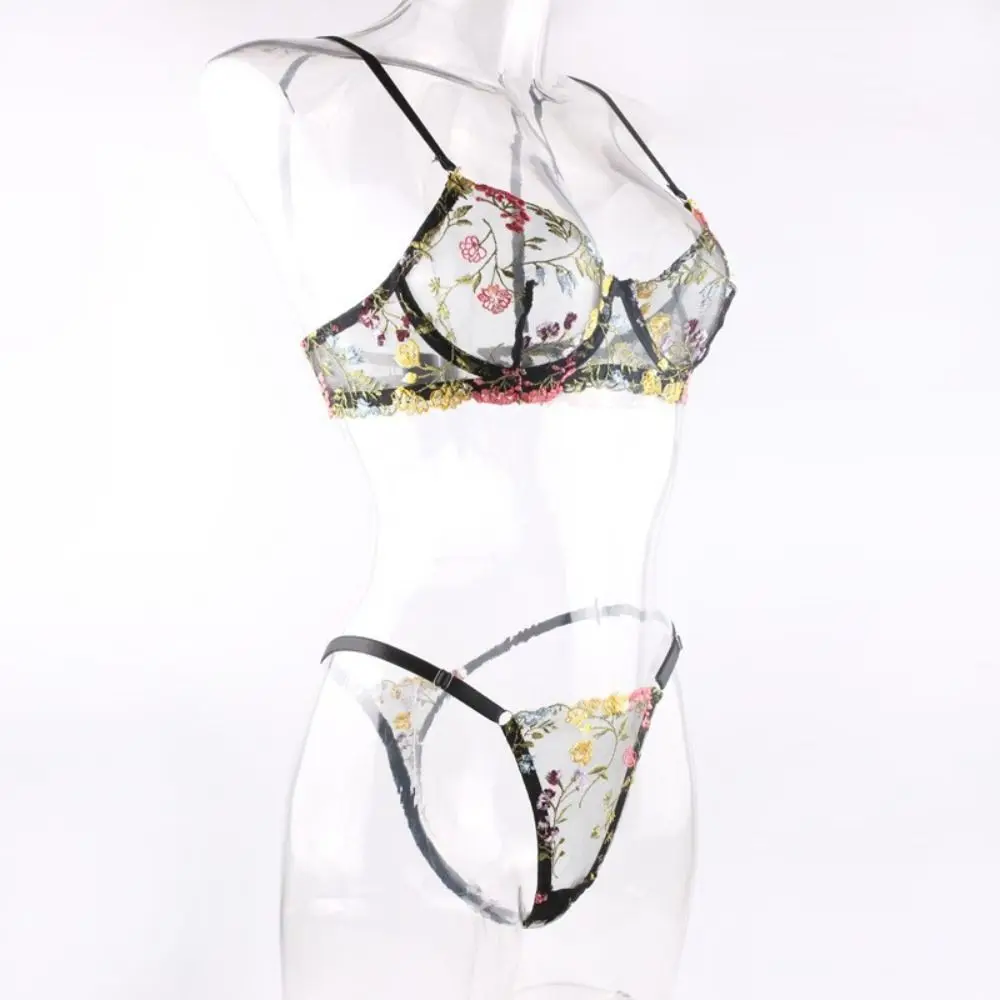 1set Embroidery Lingerie Set Sexy Floral Sheer Wireless Bra Boho Bra Panty Set Women Underwear Wireless Bra Lingerie Set