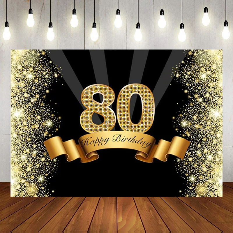 80th Happy Birthday Background Photography Diamond Gold Crown Balloons Ribbon Sequins Luxurious Backdrop Banner Decor Photo