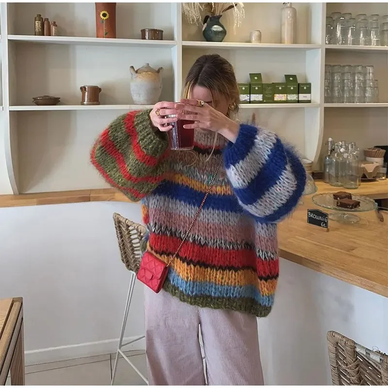 

Весенний женский повседневный свитер 2026 года: модный, с контрастным круглым вырезом, ажурной вязкой, шикарный, с длинными рукавами, свободного кроя